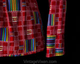 Size 6 70s Shirt - Red Patchwork Print 1970s Cotton Inspired by Kente Cloth - Small Long Sleeve Casual Top - San Francisco Hippie - Bust 36