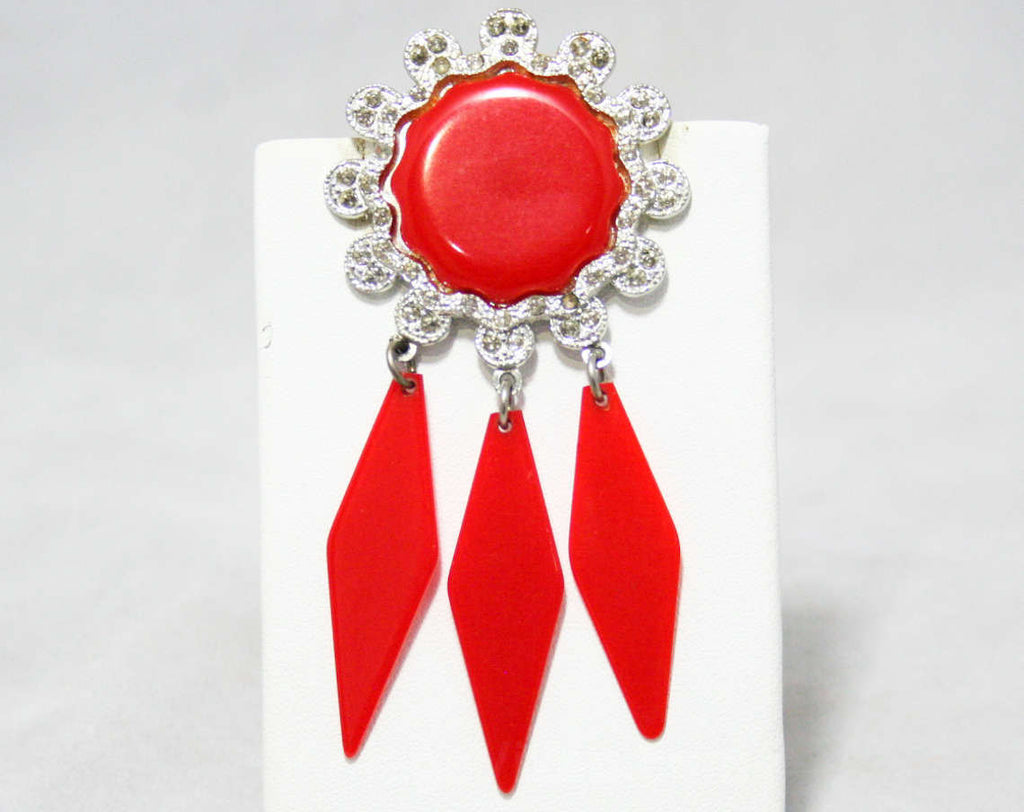 Rockabilly 1950s Red Plastic Pin - Dream Catcher Style - Round Disk with Rhinestones - Dangling Details - Apex Art Novelty Co - 44390