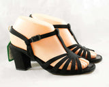Size 6 Black Sandals - Glam 1960s Cocktail Party Shoes - 60s Open Toe Deco T-Strap Evening Pump - Ankle T Strap - NOS Deadstock - 6M Strappy
