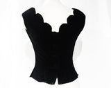 XS 1950s Black Velveteen Top - Scalloped Neck Fitted Bodice - Sleeveless 50s Cotton Cocktail Blouse - Size 2 Graceful Ballet Style - Bust 32