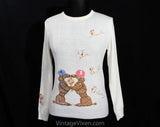 Size 10 Poodle Sweater - 1970s Novelty Dog Pullover by Cyn-Les - Chenille Dogs & Flower Bouquet - Puppy Love - Made For Each Other - Bust 36