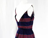Size 6 1950s Sailor Dress - Navy Blue & Red Striped Cotton - Nautical 50s Sleeveless Fit Flare Summer Sun Frock - Betty Barclay - Waist 26