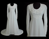 Size 8 Wedding Dress with Train - White Velvet Vintage Bridal Gown with Lace Trim - 1970s Deadstock - Bust 35.5 Waist 26.5 - December Winter