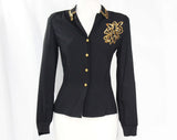 Size 6 1940s Blouse - Chic Black Crepe with Gold Sequined Emblem - WWII Era 40s Rayon Long Sleeved Shirt - Glam Sequin Top - Bust 34.5