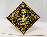 Black & Gold Asian Bird Brooch - Beautiful Square Etched Metal Pin - Antique Victorian Look Made in the 1950s 60s - Antique Heirloom Style