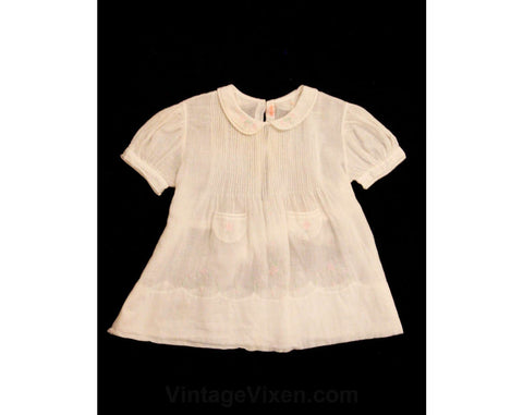 50s Toddler Dress - Size 6 Months - 1950s White Cotton Frock - Antique Style - Daisy Pink & Green Embroidery - Hand Sewn Tucks - 43449