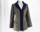 Size 8 Designer Suit - Jean Patou Boutique Paris - Navy Blue & Beige Heavy Wool Tweed - Mod Stylized Autumn Houndstooth - Ribbing - 60s 70s
