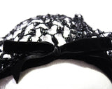Rare 1960s Black Snood Hat - Velvet & Net Romantic Renaissance Inspired 60s Millinery - Bouffant Hairstyle Accent with Halo Style Rings