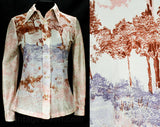 Size 6 Disco Shirt - 1970s Landscape Trees Scene Print Top by Loubella - Small Long Sleeved 70's Blouse - Pink Purple & Rust - Bust 34