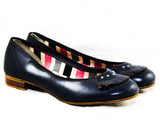 Small Size 1950s Navy Shoes - Size 5 Dark Blue Ballet Flats with Leather Fringe & Studs - Low Heels - 40s 50s Bobby Soxer Deadstock