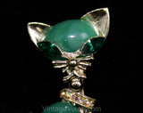 1960s Cool Cat Brooch - Emerald Green & Gold with Rhinestones - 50s 60s Cateye Mid Century Novelty Animal Pin - Sassy Little Pussycat