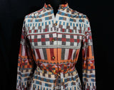 Size 8 Mod 1970s Dress - Modernist Designer Two-Piece Set by Nik-Nik - 70s High Collar Long Sleeve Top & Skirt - Orange Mauve Pink Blue