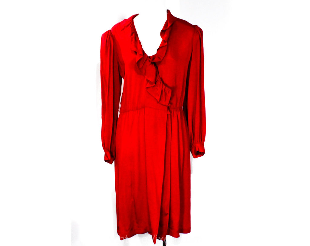 Size 12 Red Crepe Dress - Long Sleeve 70s 80s Wrap Style with Sexy