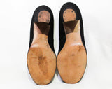 Size 4.5 Black 40s Shoes - Unworn 1940s Suede Heels with Curlique Appliques - 4 1/2 Small Sized Open Toe Pumps - Post WWII Era NOS Deadstock