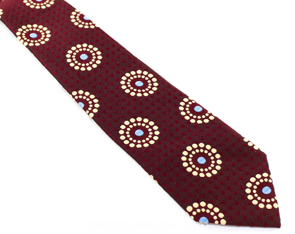 1970s Red Men's Tie - Maroon Medallion Pattern Brocade Wide Necktie - 70s Mens Neckwear - Polyester Circles - Kitschy 70's NOS Deadstock