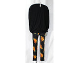 Small Cactus Novelty Print Outfit - Sexy Slinky Black Knit Cocoon Tunic & Matching Leggings - 1980s Pant Set Made in France - Hip 34 to 36