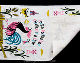 1950s Rooster Dish Towel - 50s Chicken Novelty Print Farm Scene Kitchen Linens - Terrific Pink Blue Green Screen Print - Cow Fence Bird Barn