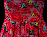 XS 1940s Pink Silk Dress - Gorgeous 40s 50s Sailboat Novelty Print - Off Shoulder Summer Frock - Coral Green Blue Yellow - Waist 24.5