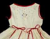 5T Girl's 1950s Sun Dress - 50s Red & White Girls Summer Frock with Full Skirt - Charming Embroidered Wild Flowers and Polka Dots - Size 5