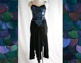 XS Sexy 1980s Blue-Green Sequins & Jersey Mermaid Dress - Art Deco Cocktail - 80s Evening Glamour - Handkerchief Hem - Size 0 - 40508