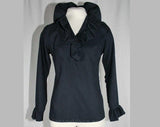 Size 8 Black Shirt - 60s Party Girl Black Blouse with Ruffled Neck & Cuffs - Flirty 1960s Chic Long Sleeve Top - Teddi - Bust 35.5 - 39364