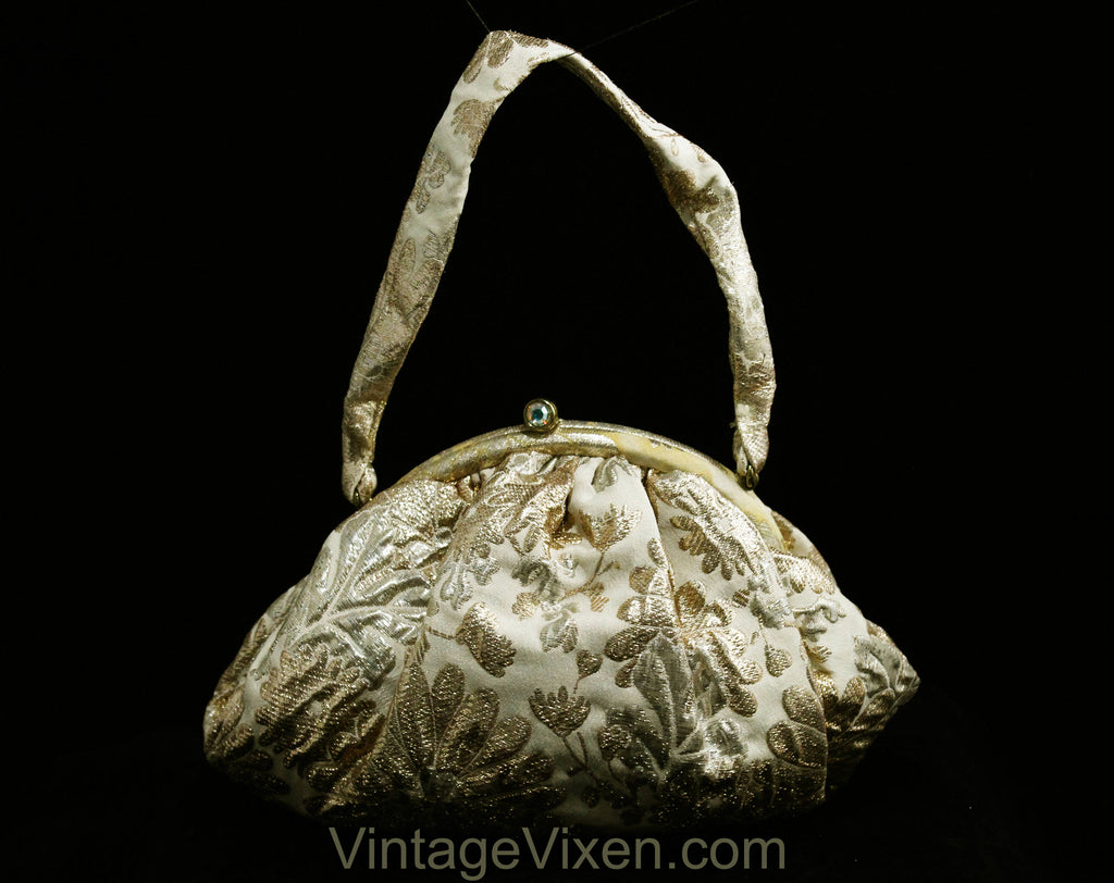 50s Marilyn Evening Bag - Gold & Silver Metallic 1950s 1960s Purse - Flashy Metal Brocade with Single Strap - Formal Handbag with Coin Purse