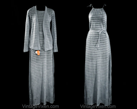 Size 10 Blue Summer Dress & Cardigan - 1970s Soft Striped Jersey Knit Sleeveless Sun Dress - 70s Long Maxi with Open Front Jacket - Bust 36
