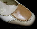 Size 6 Mod 1960s Patchwork Leather Pumps - C Wide Width Shoe - Neutral Hues - Beige & Tan Stitched Patches - Secretary Style - 60s Deadstock