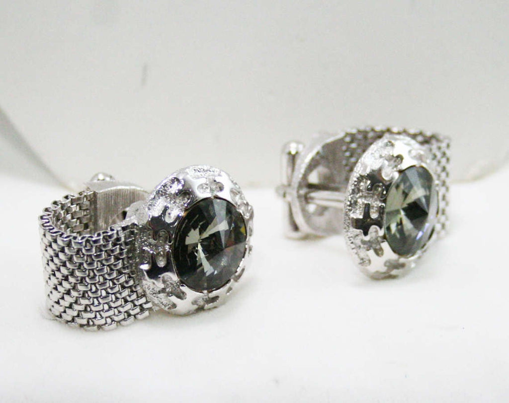 Big Bold Cufflinks - Faceted Gray Glass & Silver Hue Metal - 1960s Men's Cuff Links - 60s Pimp Style Jewelry - Nugget Like Metal - Gift Idea