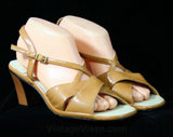 Size 9 Caramel Sandals - Glossy Tan 1970s Shoes - Criss Cross Slingback Heels - Peep Toe Summer Pumps - 70s Hush Puppies - NOS Deadstock