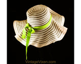 1970s Floppy Brim Sun Hat - Sheer Pink Spring & Summer 70s Deb Style - See Through Faux Horsehair - Wavy Big Brim - Apple Green Ribbon