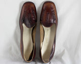 Size 9 60's Shoes - Unworn Mod 1960s Leather Pumps - 9 AA Narrow - Dark Brown Herringbone Woven Leather Shoe - Fall Autumn NOS 60s Deadstock