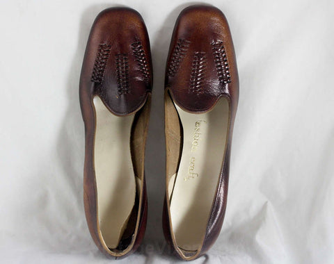 Size 7 Shoes - Unworn Mod 1960s Leather Pumps - 7AA Narrow - Dark Brown Herringbone Woven Leather Shoe - Fall Autumn NOS 60s Deadstock
