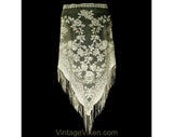 70s Antique Style Fringed Shawl - Ivory Chenille & Mesh Net - 1970s Victorian Look Roses and Flourishes with Fringe - Bohemian Beautiful