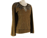 Medium Sparkly Brown Knit Top - Cutout Beaded Leaves - Size 10 Retro 80s Boho Sweater - Sheer Shoulders - Glitzy Shimmer - Bust 39 - 50853