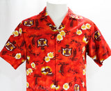 Men's Small Aloha Shirt - 50s Red Hawaiian Cotton Shirt - 1950s 60s Label - Hawaii Crest Map Novelty Print - Summer Top by Momi - Chest 42
