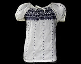 Size 6 Peasant Top - Small 1970s Hippie Style Summer Blouse - White & Indigo Blue Puff Sleeve Shirt - Folk 70s Hearts Embroidery - Bust 35