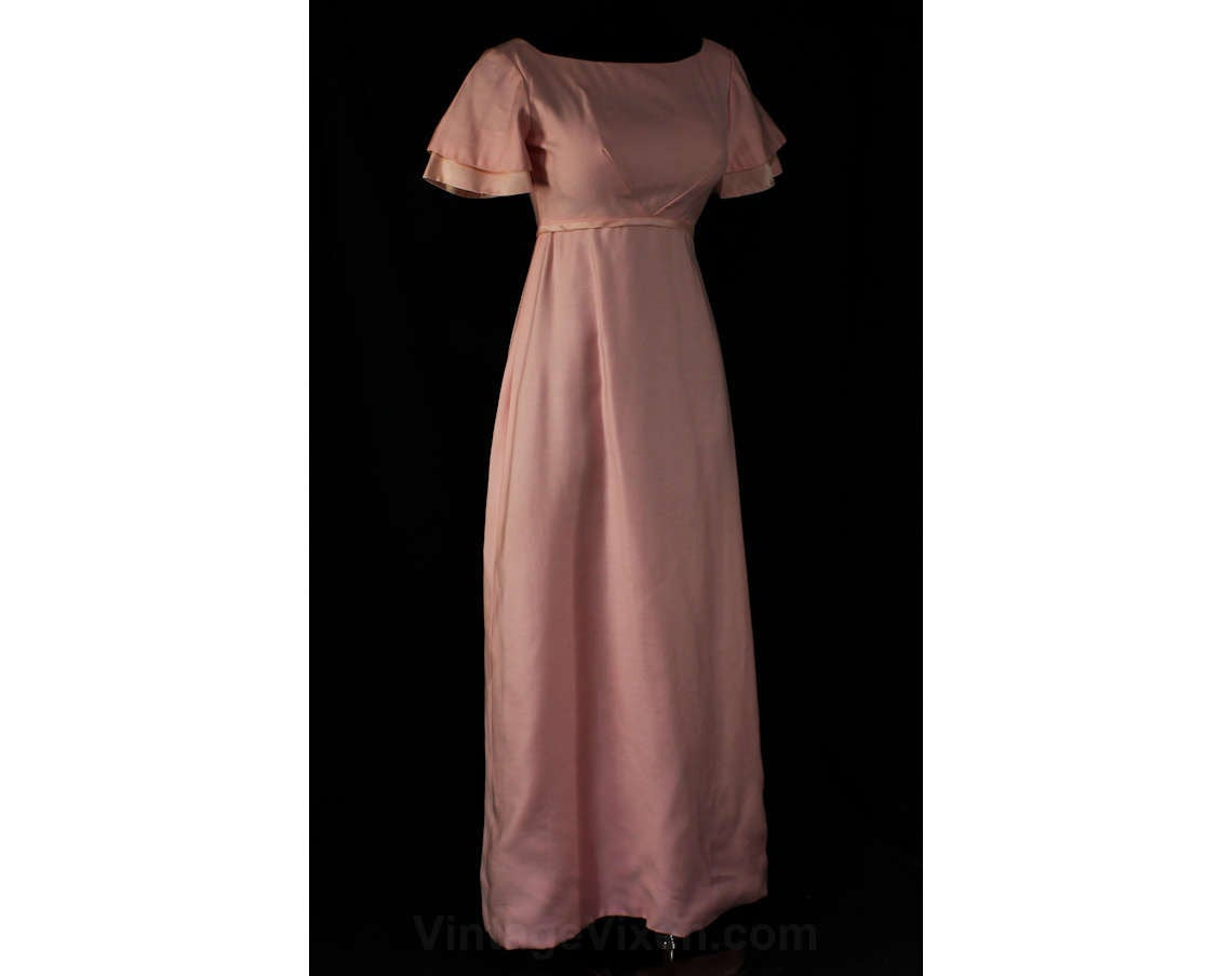 Size 6 Pink Evening Dress - 1960s Spring Empire Waist Gown - Pastel Ga Vintage Vixen Clothing Size 6 Pink Evening Dress - 1960s Spring Empire Waist Gown - Pastel Ga Vintage Vixen Clothing