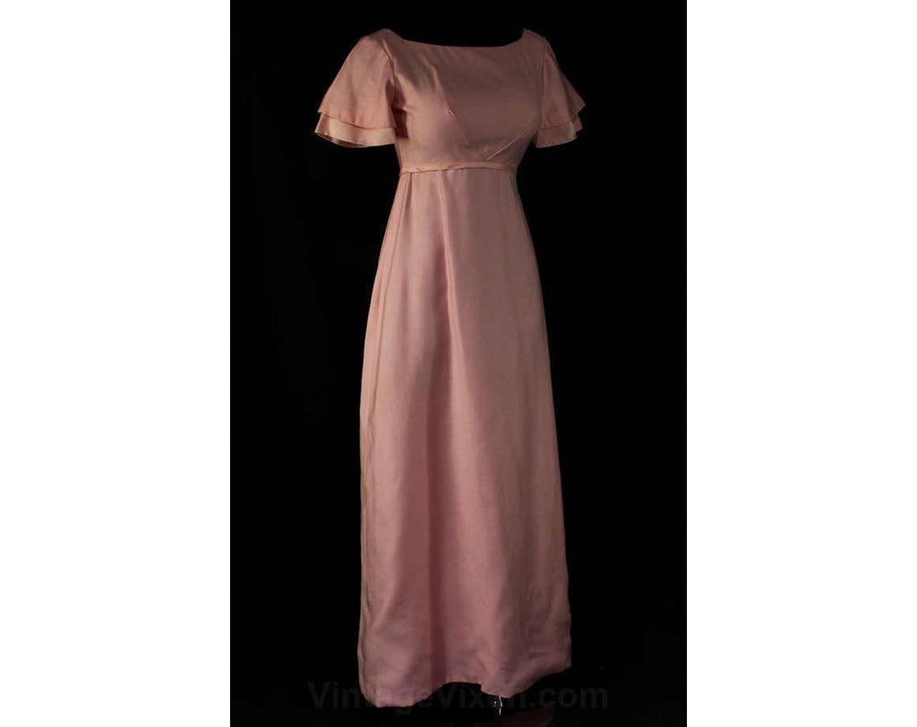 Size 6 Pink Evening Dress - 1960s Spring Empire Waist Gown - Pastel Garden Party - Satin Trim & Bell Sleeve - Long Tailed Bow - Bust 34.5