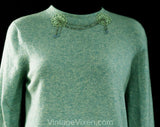 Size 8 Cashmere Sweater - Heathered Aqua Blue Luxury Knit with Beaded Swag Daisy Appliques - Sweet Glamour - 1960s Pullover Jumper - Bust 35