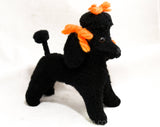1950s Poodle Stuffed Animal - Black French Poodle Dog Toy - 50s 60s Cute Classic Mid Century Kitsch - Orange Yarn Ribbons - Fifi Stuffie