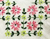 Pink & White Daisy Tablecloth - Heavy Linen High Quality with Hand Embroidered Flowers Charming 50s 60s Table Cloth - Green Lattice Leaves