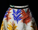 Size 8 Kimono Silk Skirt - Grand Feather Leaf Pattern Satin Brocade Maxi - 1960s Ankle Length - Orange Bottle Green Blue Yellow - Waist 26.5