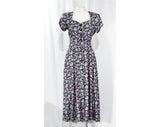 Size 8 1990's Dress - Romantic 1940s Style Floral Full Skirted Dress with Black Rose Buttons - Lavender Turquoise Chartreuse - Waist to 28
