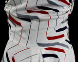 XS 1940s Deco Sun Dress - Size 2 Strapless Summer Full Skirted Frock - Geometric Striped Red, Navy Blue & Gray on White Cotton - Bust 31.5