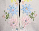 Size 12 Cardigan - Large 1960s White Sweater with Pastel Ribbon Embroidery - Spring 60s Pink Yellow Blue Flowers & French Knots - Bust 39