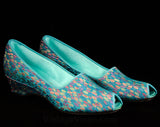 Size 7 Slippers - 1950s Glamour Girl Shoes - Turquoise Blue Dappled Brocade Boudoir Heels - Open Toe - 50s 60s Deadstock - 7AA - 47058-2