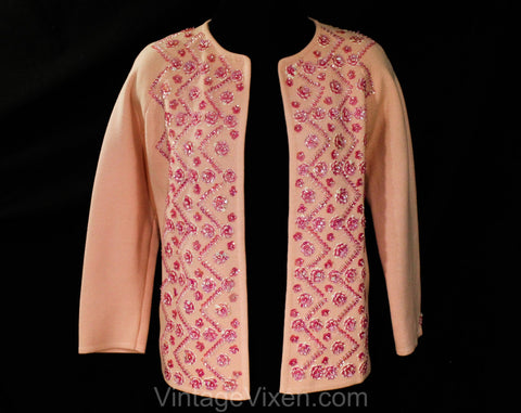 Size 10 Pink Beaded Cardigan - 1960s Retro Femme Open Front Medium Sweater - Pastel Knit & Pretty Flower Sequins - 60s Hong Kong - Bust 37