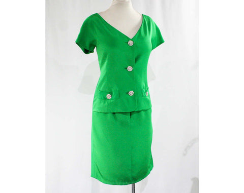 Size 10 Designer Quality Dress - Kelly Green Sumptuous Silk Crepe 1990s Sheath - Gorgeous Rhinestone Buttons - Faux Two Piece - Bust 37.5