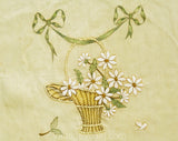 Antique Daisy Textile - Art Nouveau 1900s Edwardian Bride's Basket in Hand Embroidery - Garland Ribbon Bows - Neutral Ecru White Blue Green